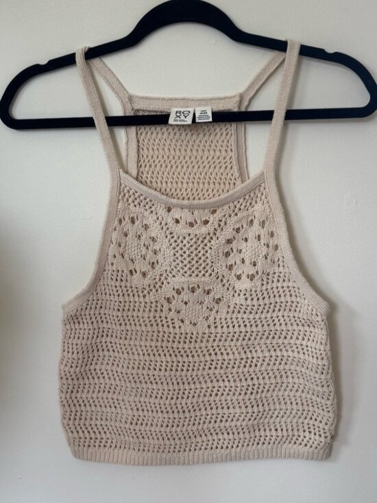 Tops - Crochet Knit Crop Top Tan Halter Style Sleeveless